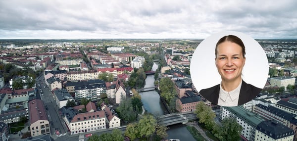 Utsikt över Uppsala med infälld bild på Ida Bylund Lindman