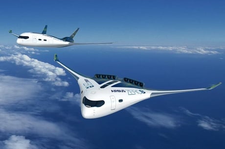 Airbusin näkemys Blended-Wing Body (BWB) -lentokoneesta, jossa laaja sisätila avaa mahdollisuuksia vedyn varastointiin ja jakeluun. 